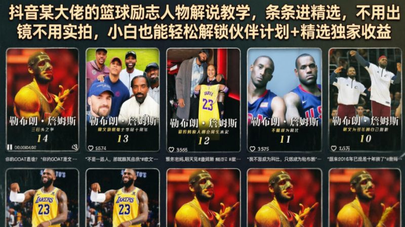 抖音某大佬的篮球励志人物解说教学，条条进精选，不用出镜不用实拍，小白也能轻松解锁伙伴计划+精选独家收益-AI副业网