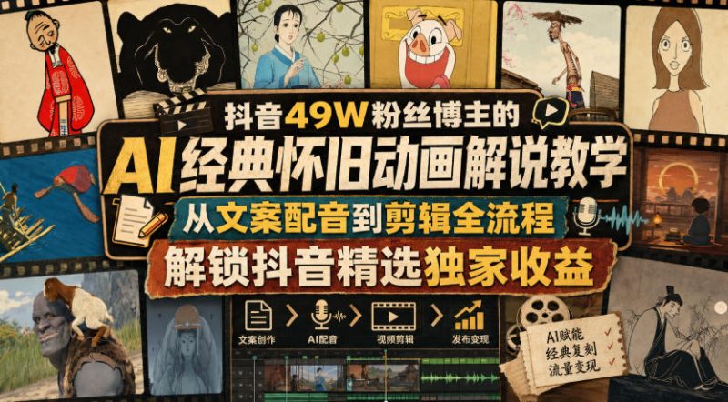 抖音49W粉丝博主的AI经典怀旧动画解说教学，从文案配音到剪辑全流程，解锁抖音精选独家收益-AI副业网